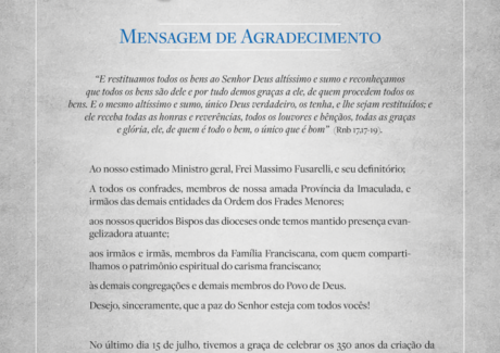 350 anos – Mensagem de agradecimento do Ministro provincial
